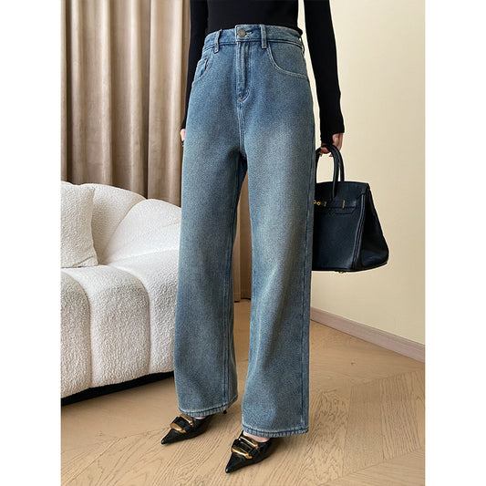 High-waisted Straight-leg Textured Denim Trousers