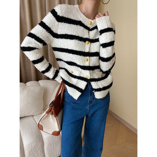 Gold Buckle Contrast Striped Bouclé Knit Cardigan Top