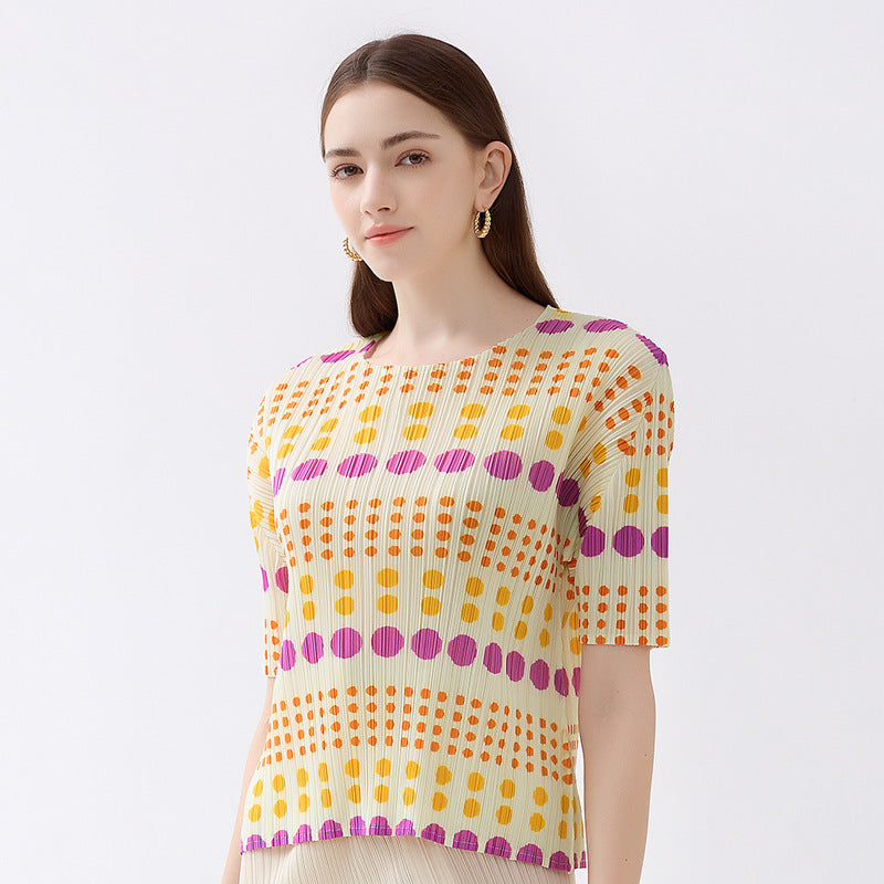 Plissé Pleated Casual Loose Polka Dot Crew Neck Print T-Shirt Top