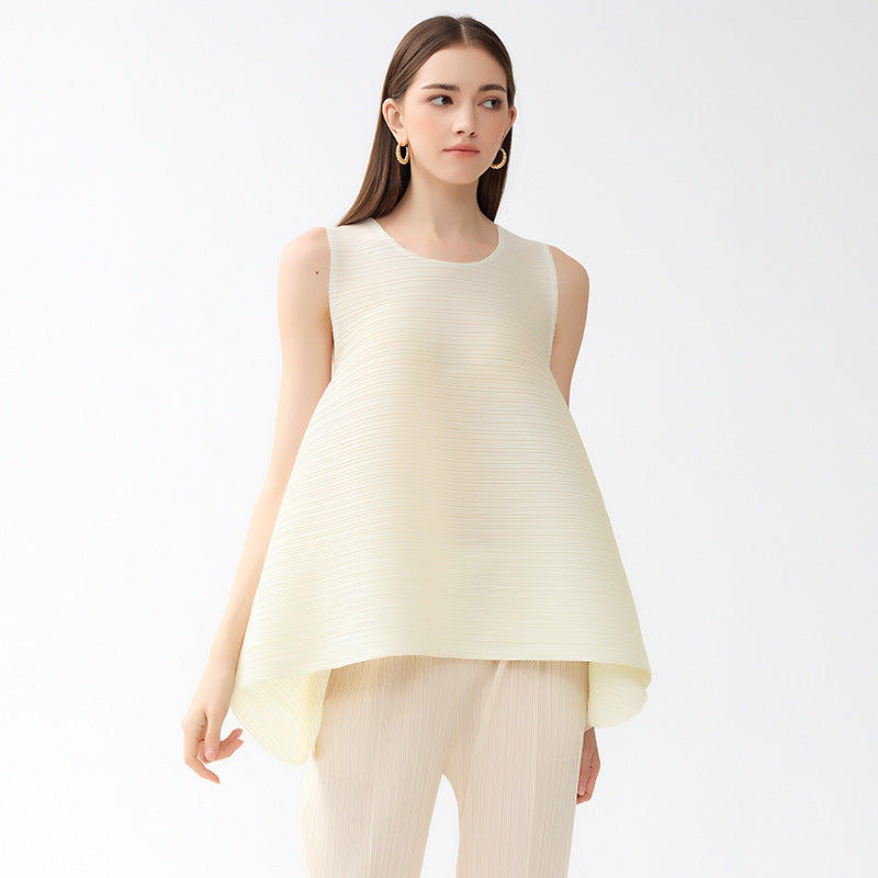 Plissé Pleated Casual Loose Crew Neck Top