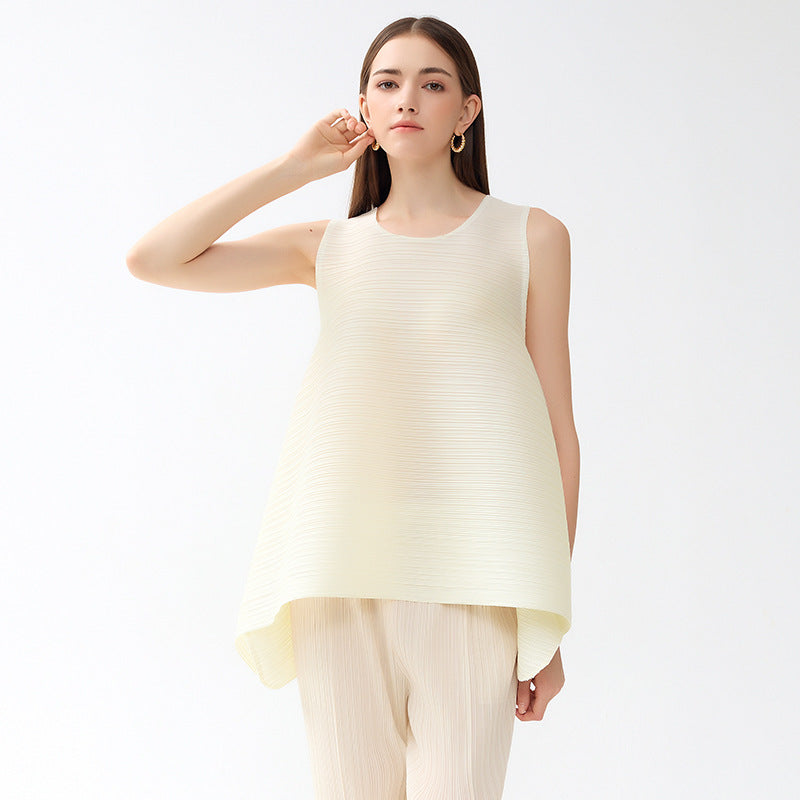 Plissé Pleated Casual Loose Crew Neck Top