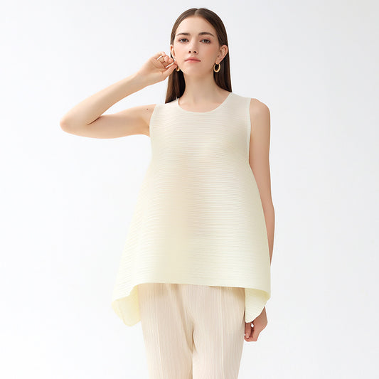 Plissé Pleated Casual Loose Crew Neck Top