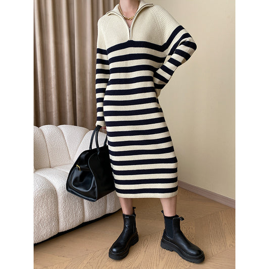 Polo Collar Striped Loose Knit Dress