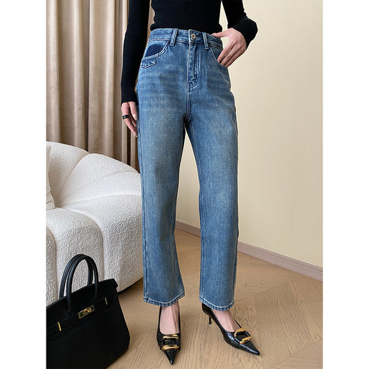 High-waisted Straight-leg Pocket Denim Trousers