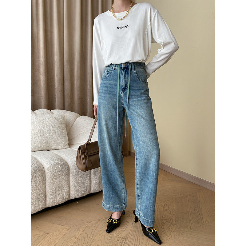 High Waist Loose Straight Drawstring Denim Trousers