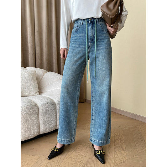 High Waist Loose Straight Drawstring Denim Trousers