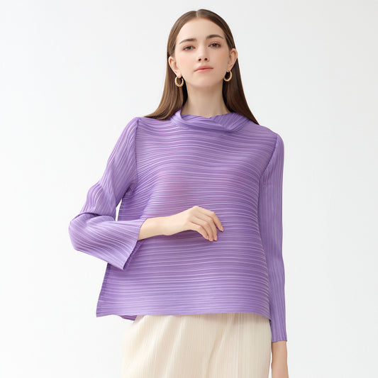 Plissé Pleated Casual Loose Long Sleeve A-Line Scarf Collar Top