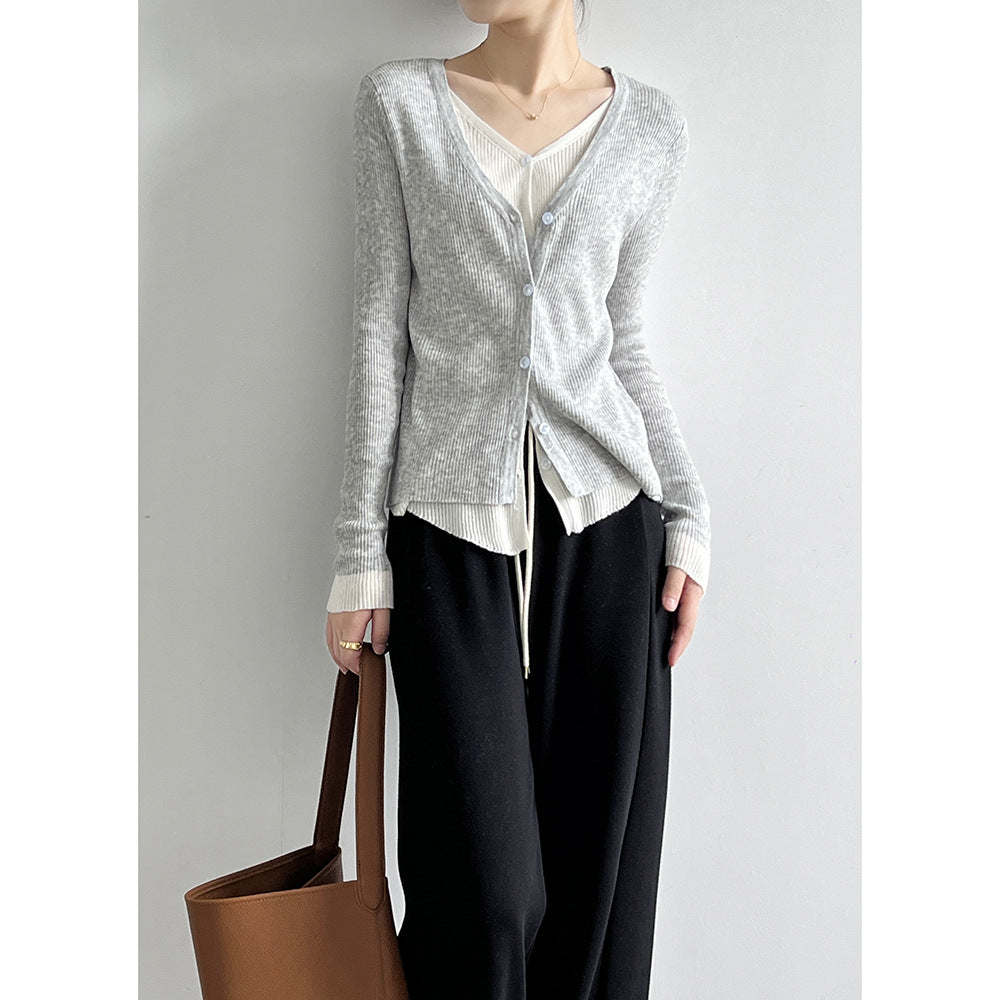 V-neck Fake Two-piece Knitted Cardigan Long-sleeved Sweater Top