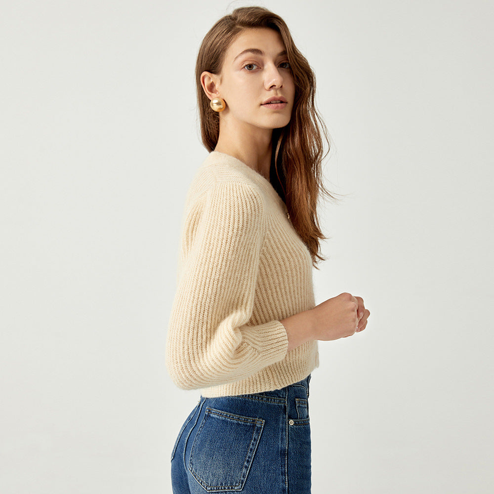 Sea Hair Button Puff Sleeve Knit Cardigan