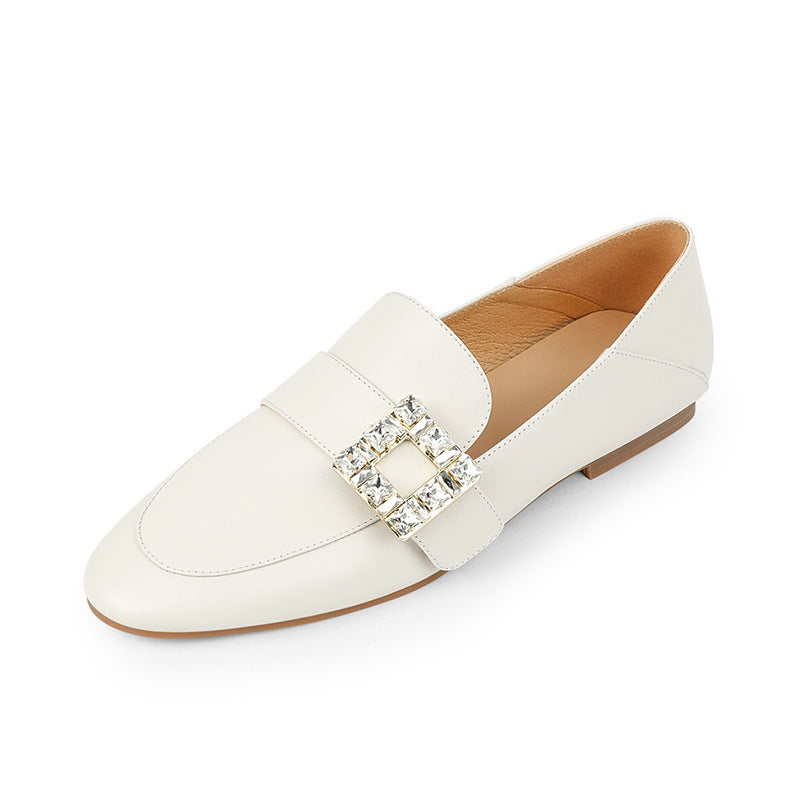 Round Head Rhinestone Square Buckle Leather Loafers