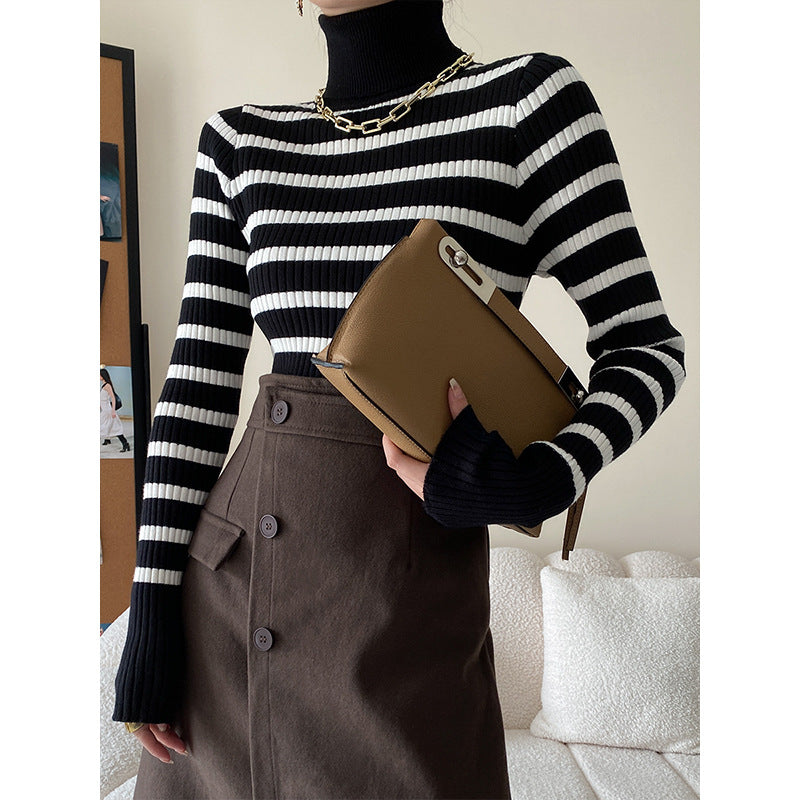 High Neck Striped Slim Knit Sweater Bottom Top