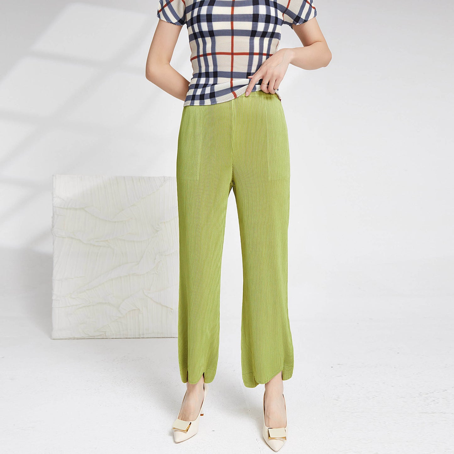 Plissé Pleated Casual Loose High Waist Irregular Trousers