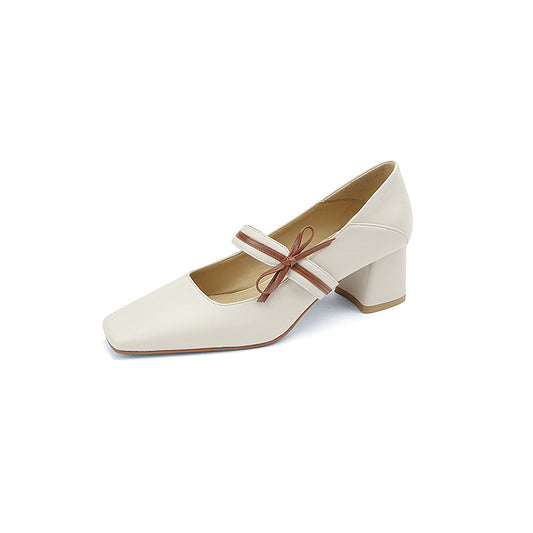 Square Bow Leather Ballerina Flats