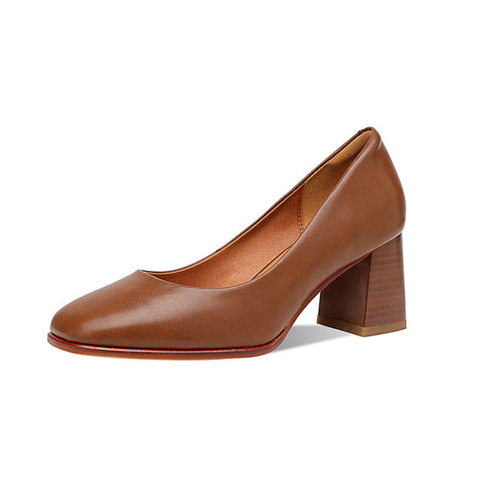 Wood Grain Block Heel Square Toe Leather Ballerina Flats