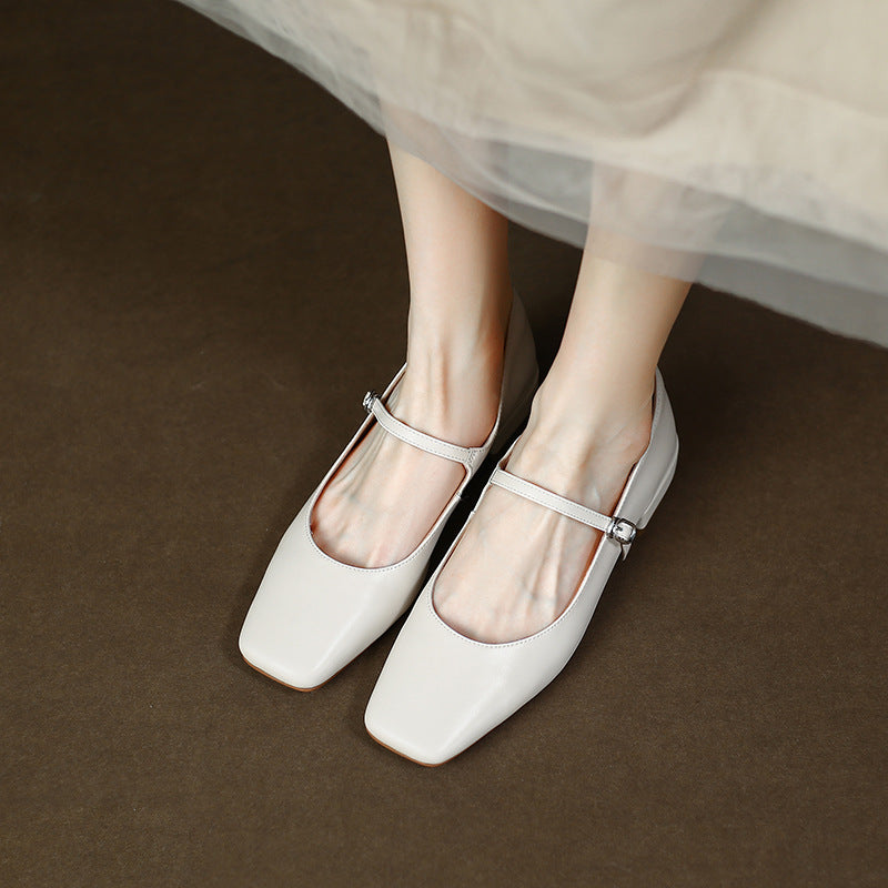 Square Head Leather Ballerina Flats