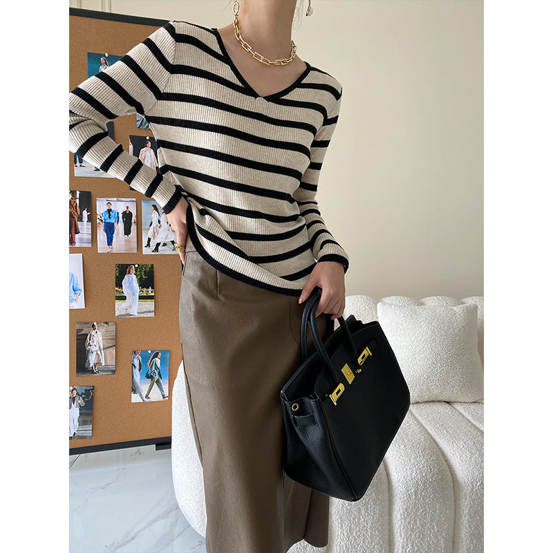 Contrast Stripe V-Neck Knit Sweater Casual Top