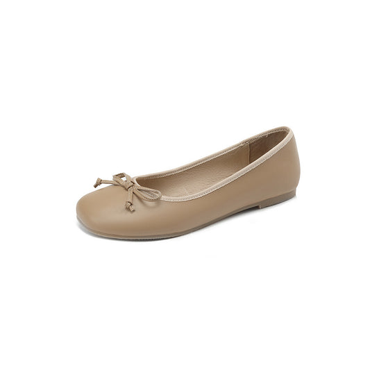 Bow Round Head Leather Ballerina Flats