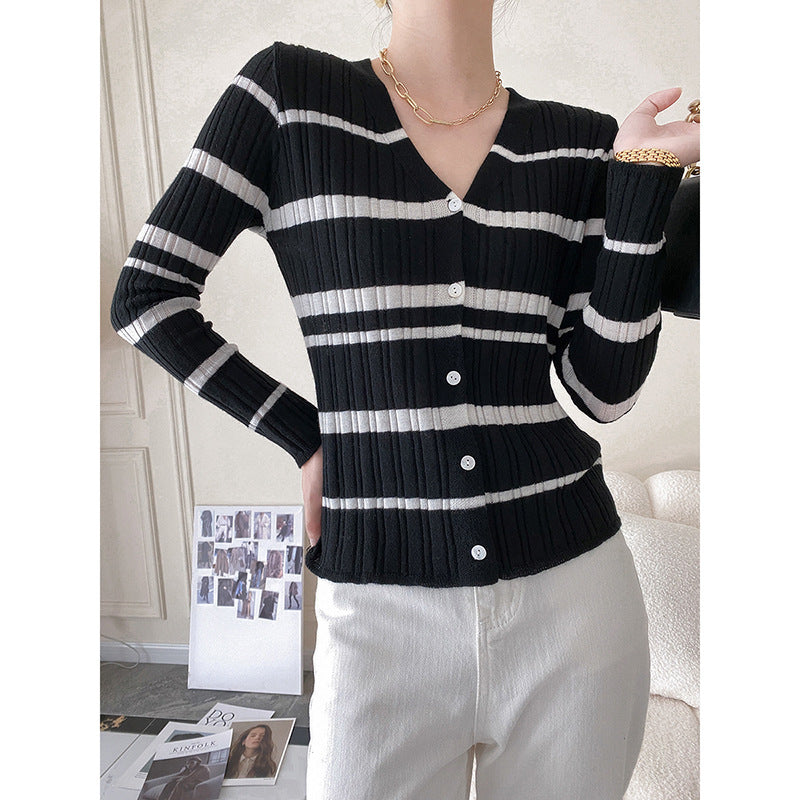 Striped V-neck Long Sleeve Knit Sweater