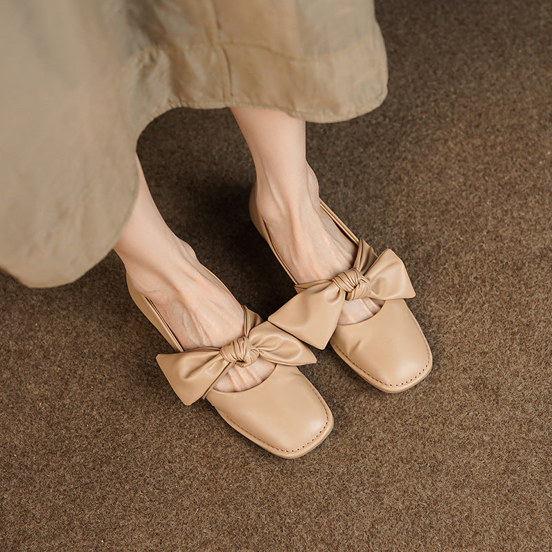 Square Bow Leather Ballerina Flats