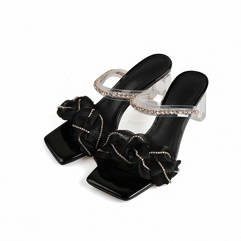 Silk Rhinestone Crystal Heel Leather Sandals