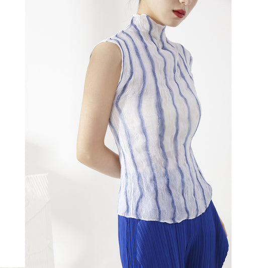 Plissé Pleated Casual Loose Striped Turtleneck Top