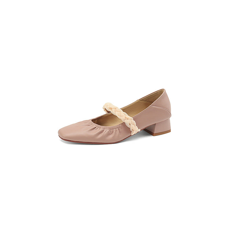 Square Head Mesh Leather Ballerina Flats