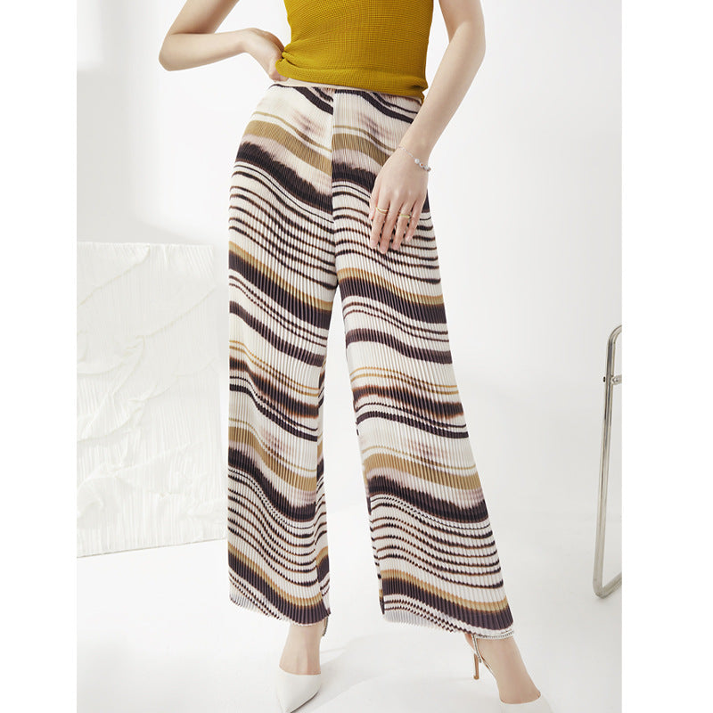 Plissé Pleated Casual Striped Loose High Waist Trousers