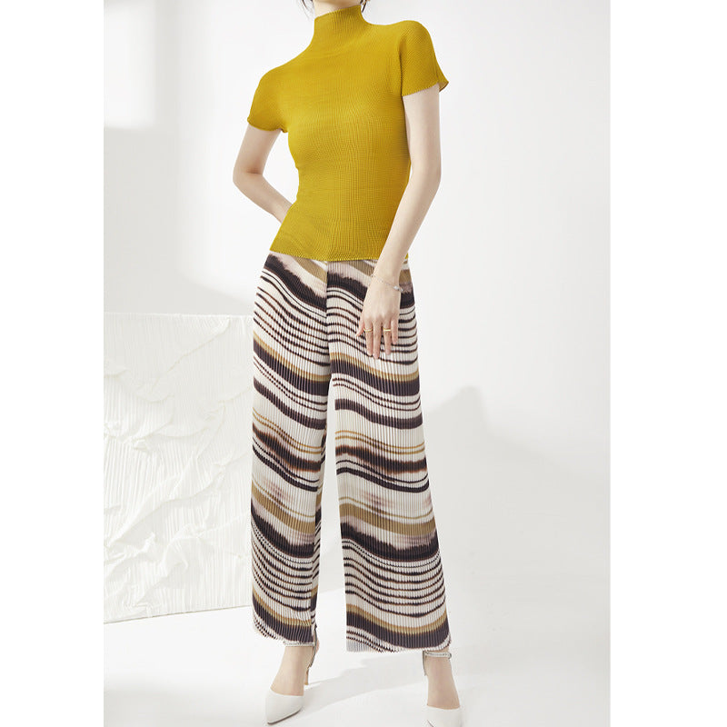 Plissé Pleated Casual Striped Loose High Waist Trousers