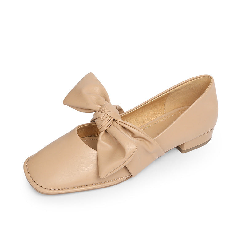 Square Bow Leather Ballerina Flats