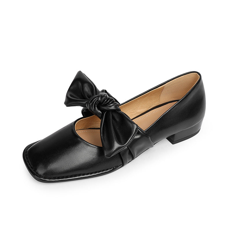 Square Bow Leather Ballerina Flats