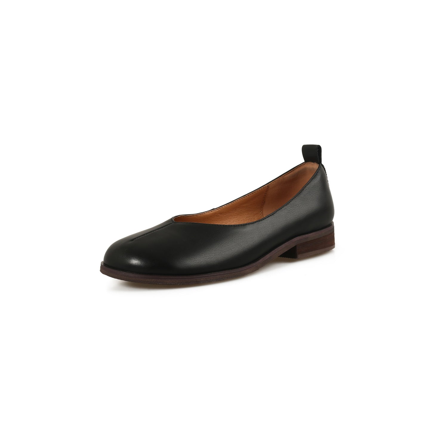 V Mouth Round Leather Ballerina Flats