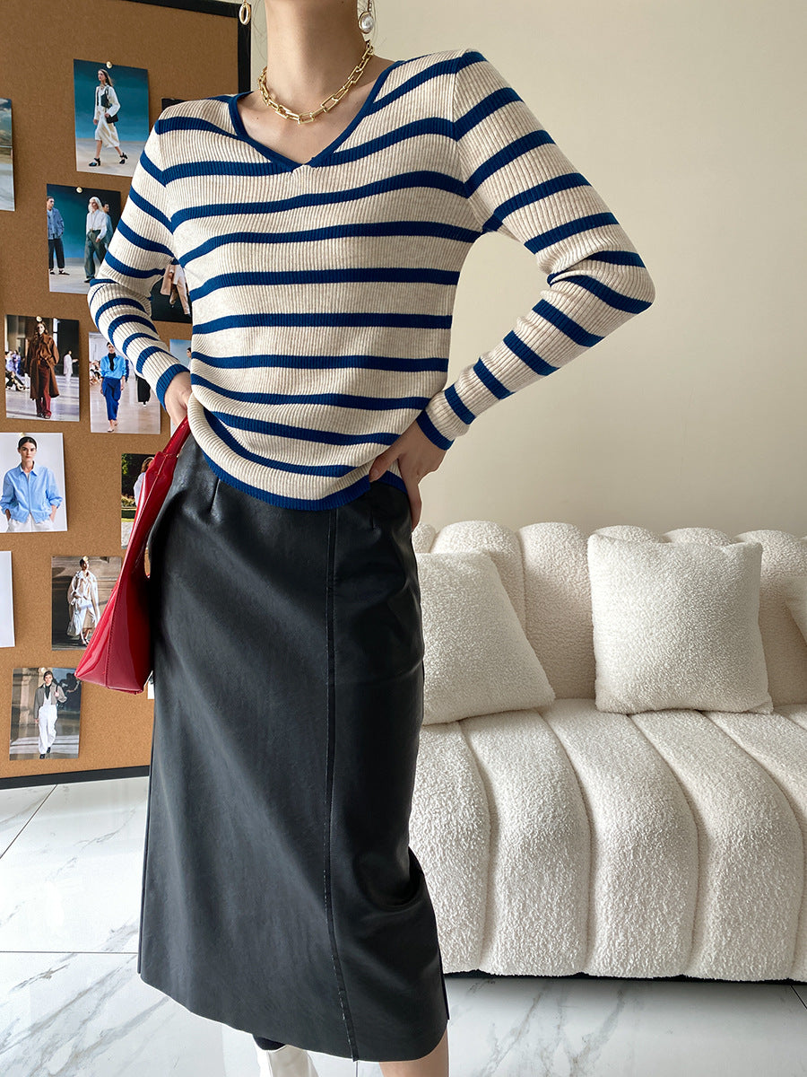 Contrast Stripe V-Neck Knit Sweater Casual Top