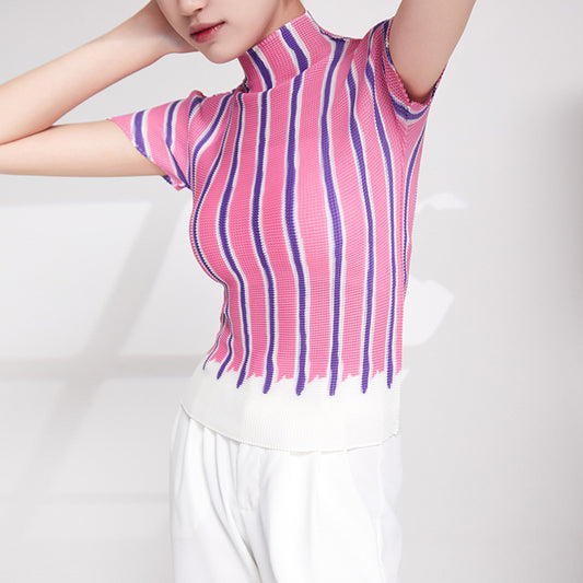 Plissé Pleated Casual Print Striped T-Shirt Top