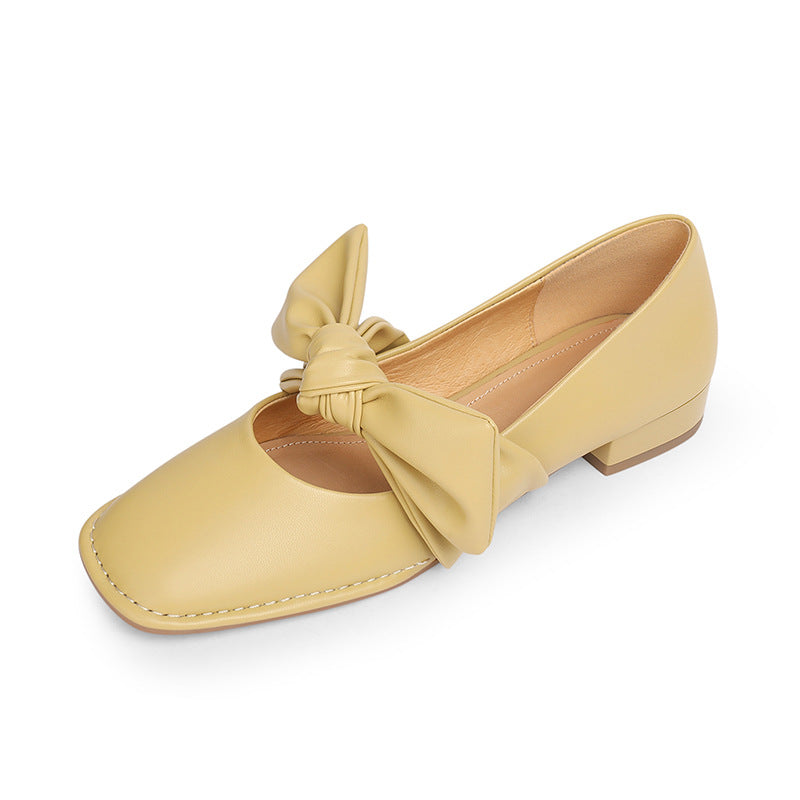 Square Bow Leather Ballerina Flats