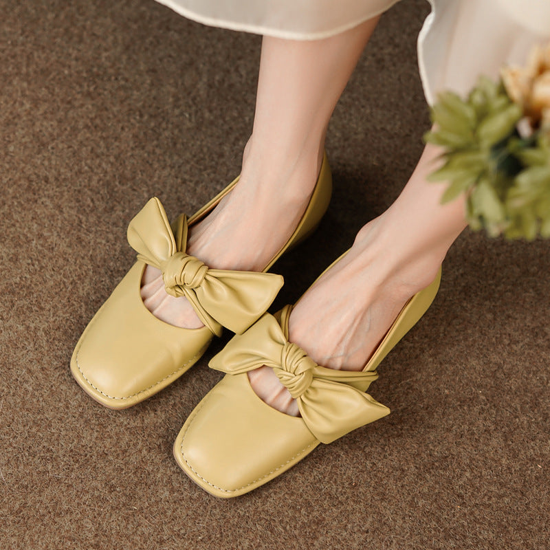 Square Bow Leather Ballerina Flats