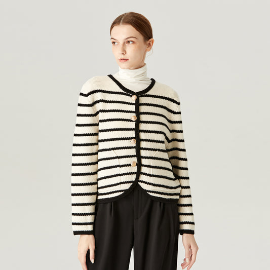 Loose Metal Button Striped Wool Cardigan Knit Top