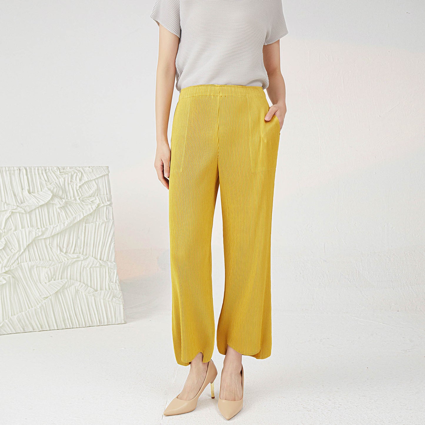 Plissé Pleated Casual Loose High Waist Irregular Trousers