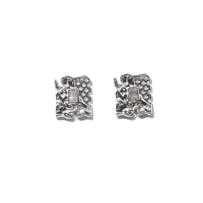 Silver Square Hollow Zircon Inlaid Minimalist Earring Stud