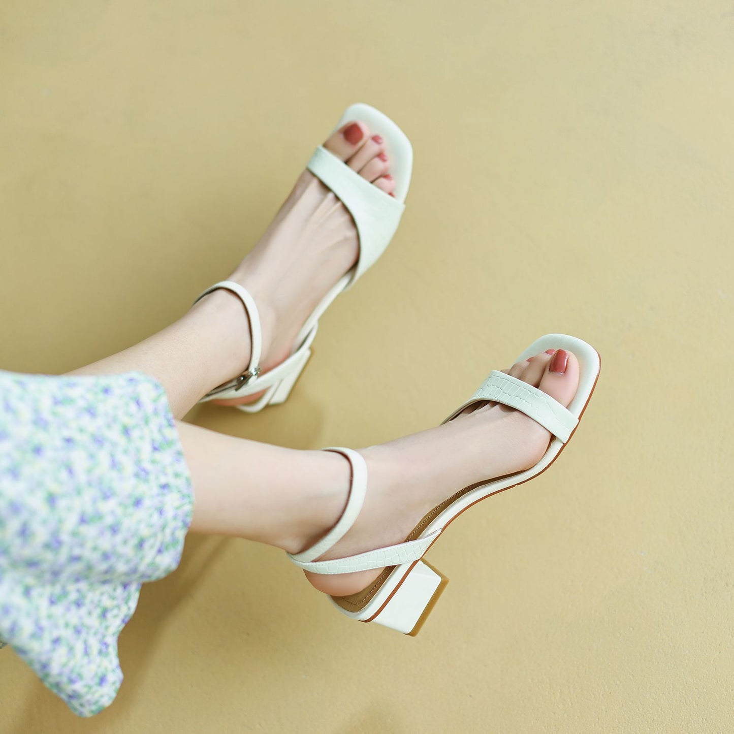 Square Head Heel Leather Sandals