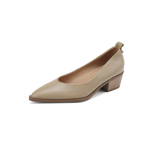 Wood Grain Chunky Heel Leather Ballerina Flats