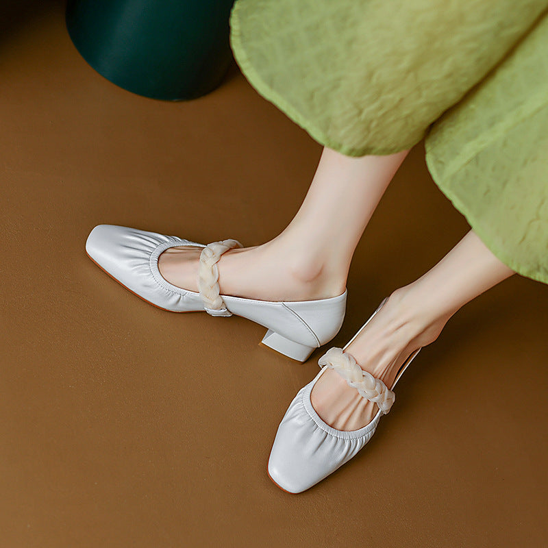 Square Head Mesh Leather Ballerina Flats