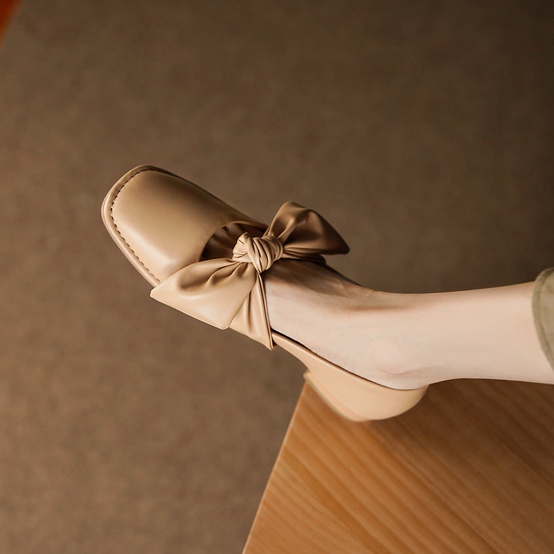 Square Bow Leather Ballerina Flats