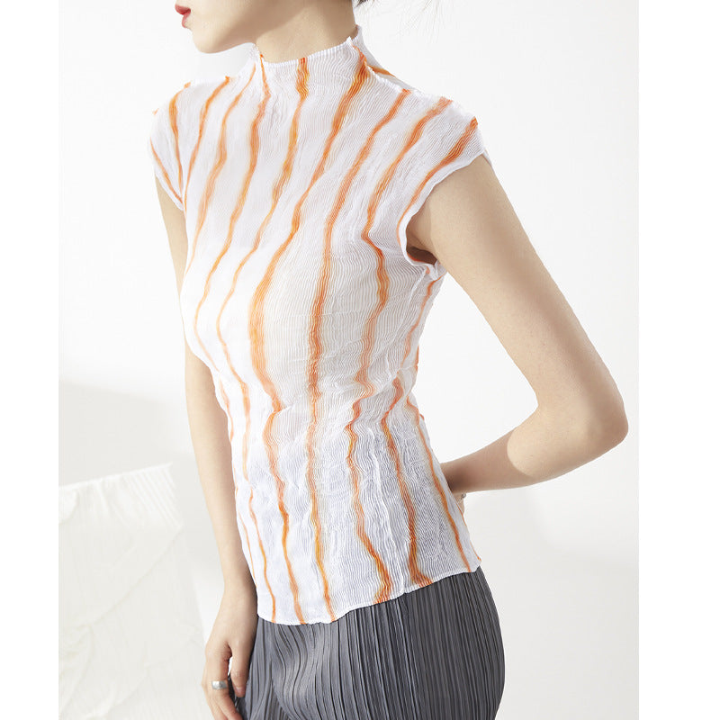 Plissé Pleated Casual Loose Striped Turtleneck Top