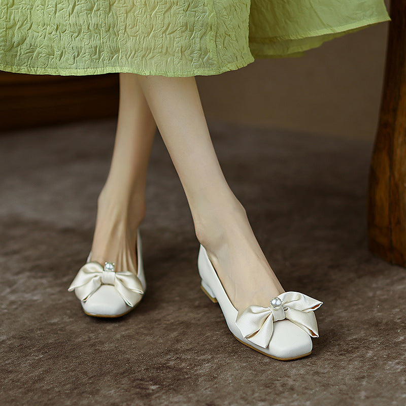 Silk Bow Pearl Leather Ballerina Flats