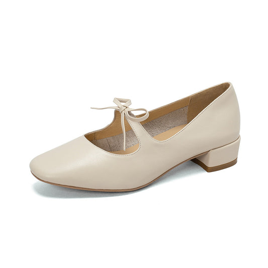 Low Heel Bow Leather Ballerina Flats