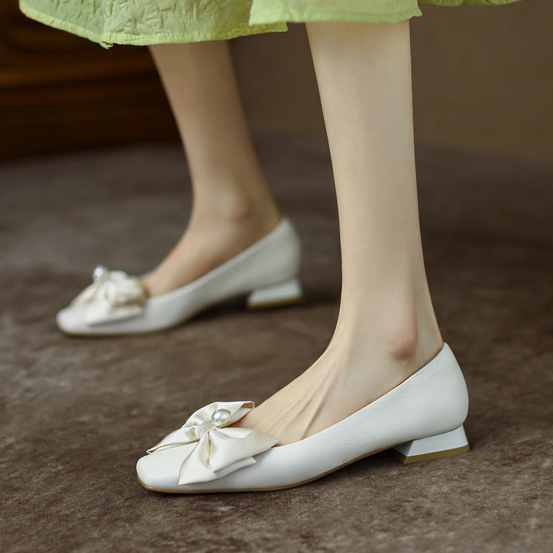 Silk Bow Pearl Leather Ballerina Flats