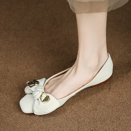 Metal Bear Buckle Leather Ballerina Flats