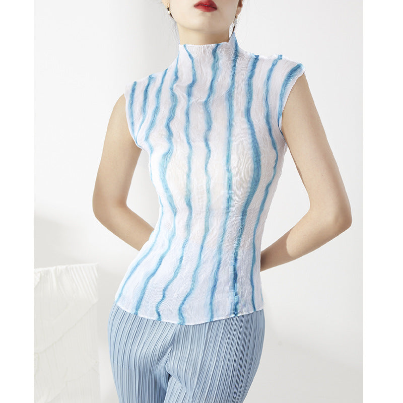 Plissé Pleated Casual Loose Striped Turtleneck Top