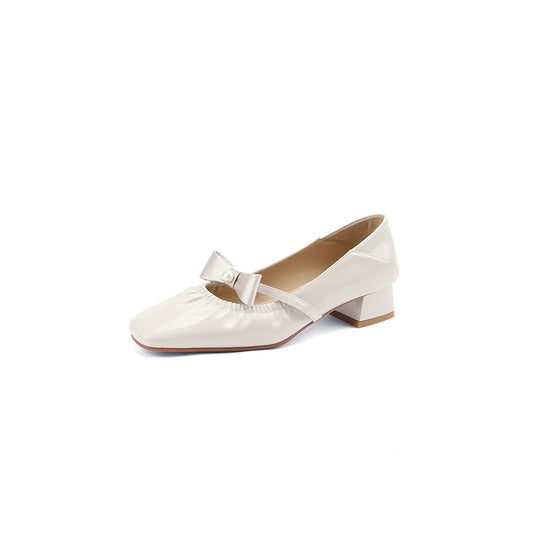 Pearl Bow Pleated Leather Ballerina Flats