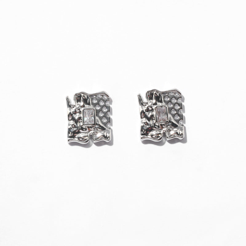 Silver Square Hollow Zircon Inlaid Minimalist Earring Stud